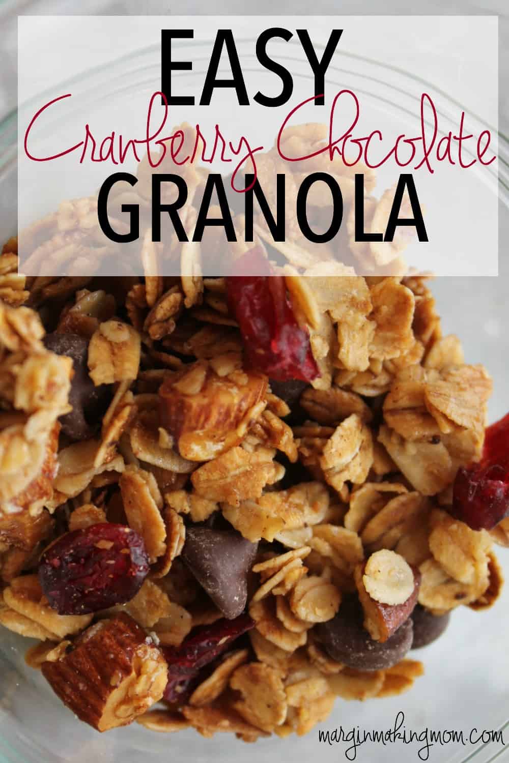 I love the sweet, crunchy perfection of this perfectly easy cranberry chocolate granola. It is great by itself or as a yummy topping for yogurt or ice cream!