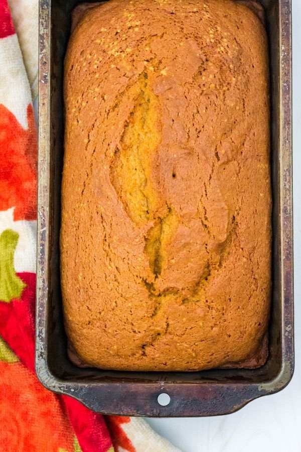 whole loaf of pumpkin bread in the pan