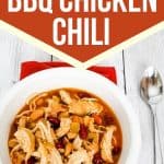 pressure cooker bbq chicken chili in a white bowl