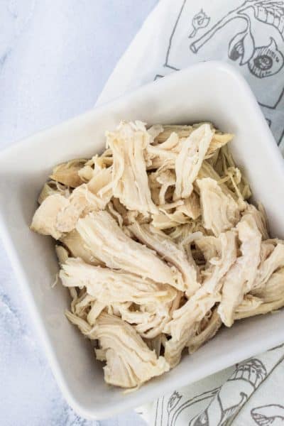 shredded chicken made by cooking frozen chicken in the Instant Pot pressure cooker