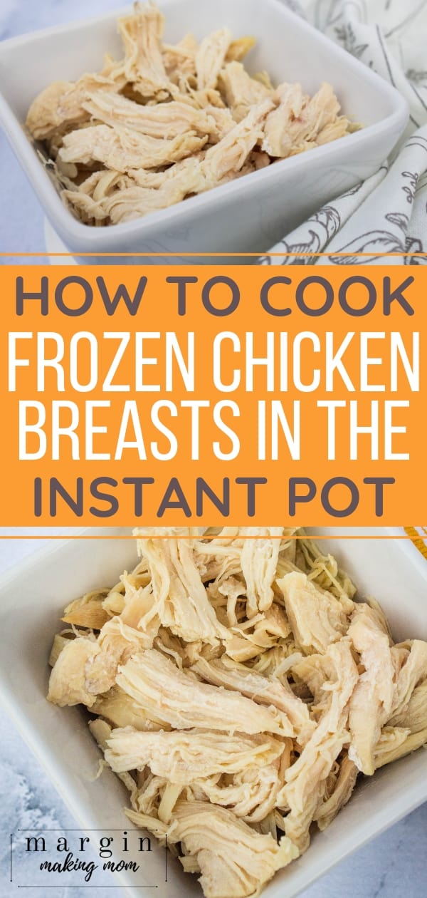 bowls of shredded chicken made from frozen chicken breasts in the Instant Pot pressure cooker
