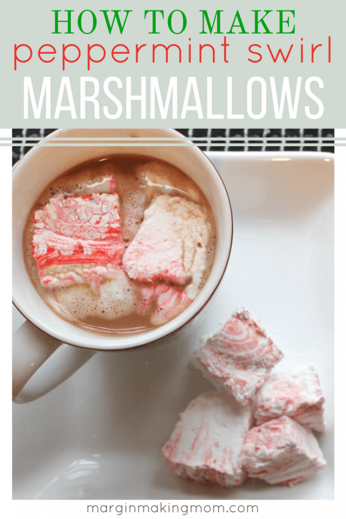 These peppermint swirl marshmallows are a pretty and tasty way to dress up a cup of cocoa or coffee! They also make a lovely inexpensive handmade gift! They only require a handful of ingredients and no corn syrup!