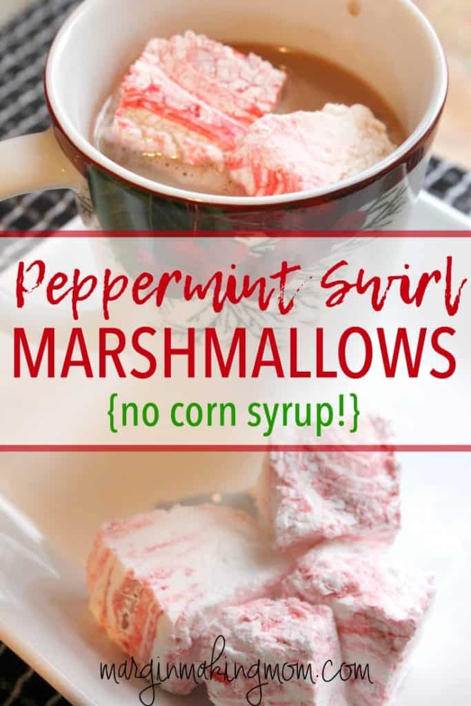 These peppermint swirl marshmallows are a pretty and tasty way to dress up a cup of cocoa or coffee! They also make a lovely inexpensive handmade gift! They only require a handful of ingredients and no corn syrup!