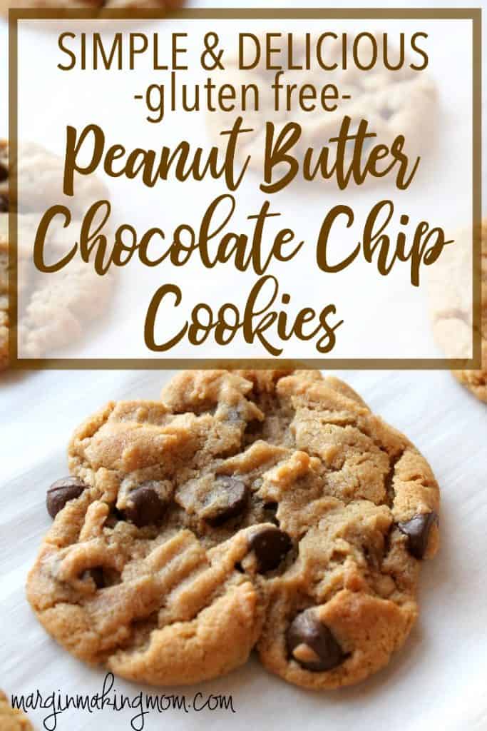 These gluten free peanut butter chocolate chip cookies are super simple and use pantry staples. They are soft baked and absolutely delicious! Gluten Free Cookies | Easy Cookie Recipes | Peanut Butter Cookies