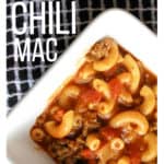 white bowl filled with chili mac made in the Instant Pot