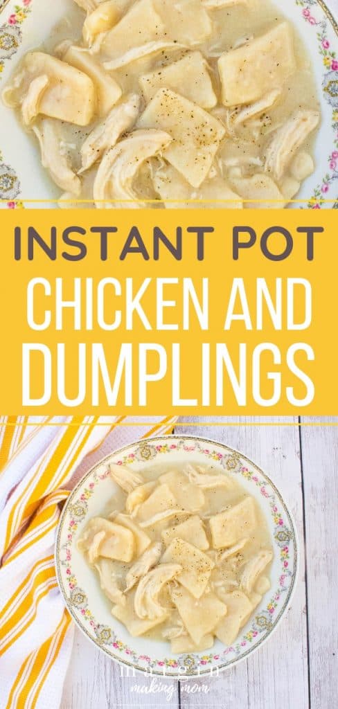 china bowl filled with pressure cooker chicken and dumplings next to a white and yellow kitchen towel