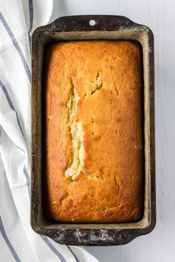 loaf of banana bread in a pan