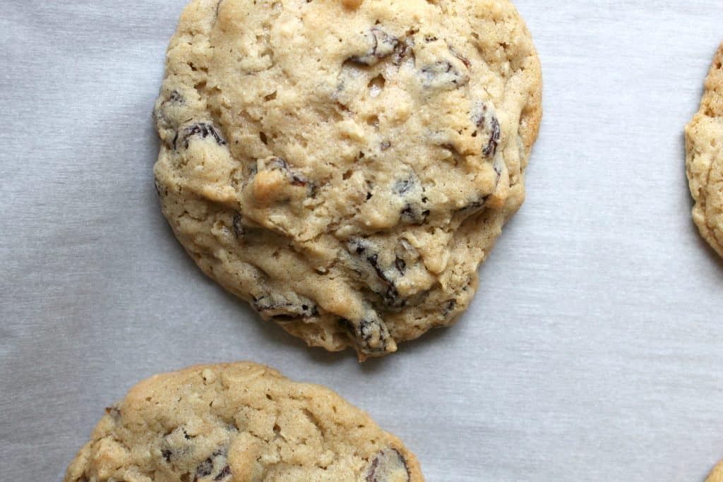 freshly baked oatmeal raisin cookies still on the baking sheet