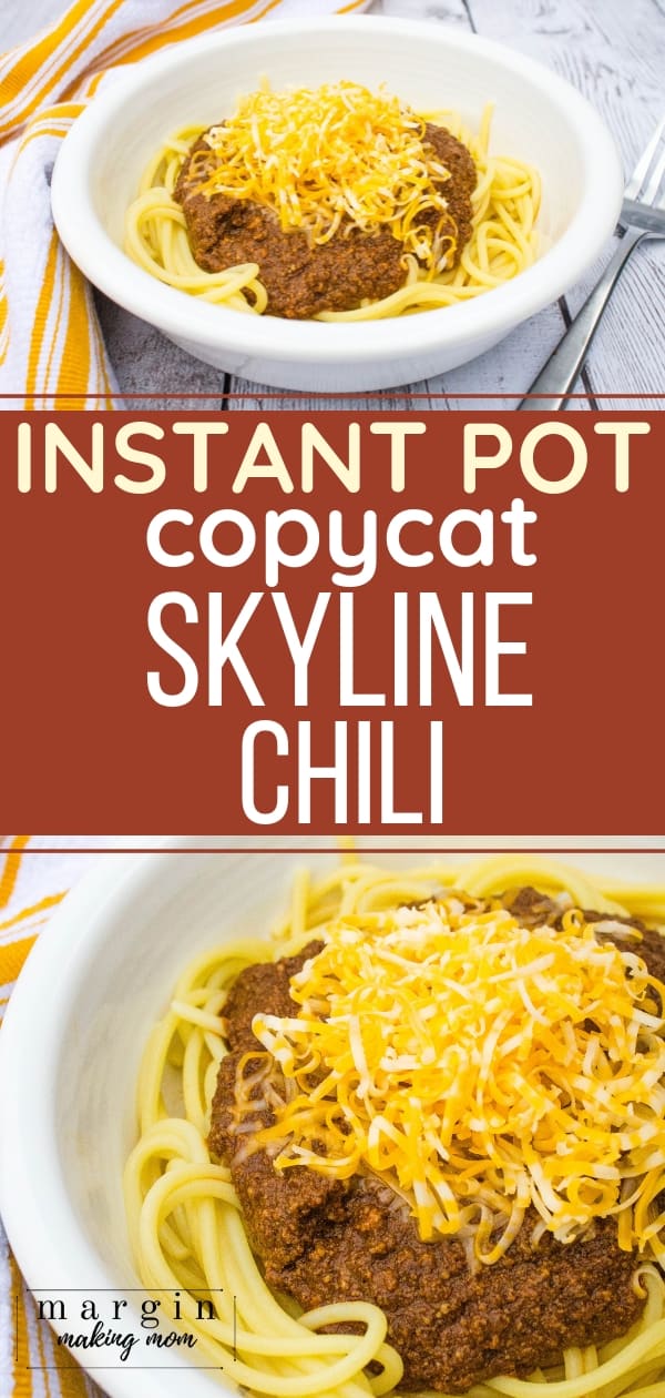 white bowl filled with spaghetti and cincinnati skyline chili made in the Instant Pot