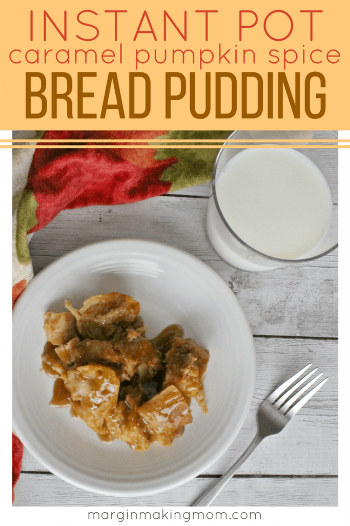 You'll love how easy it is to make this caramel pumpkin spice bread pudding in the pressure cooker! It saves time and the result is warmly decadent! Click through to learn how! Instant Pot Bread Pudding | Pumpkin Bread Pudding in the Pressure Cooker | Pressure Cooker Breakfasts | Pressure Cooker Desserts