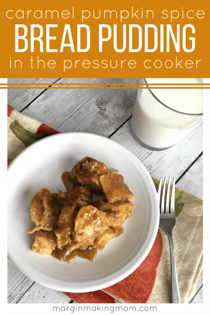 You'll love how easy it is to make this caramel pumpkin spice bread pudding in the pressure cooker! It saves time and the result is warmly decadent! Click through to learn how! Instant Pot Bread Pudding | Pumpkin Bread Pudding in the Pressure Cooker | Pressure Cooker Breakfasts | Pressure Cooker Desserts