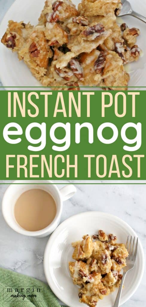 pressure cooker eggnog french toast on a white plate next to a cup of chai tea