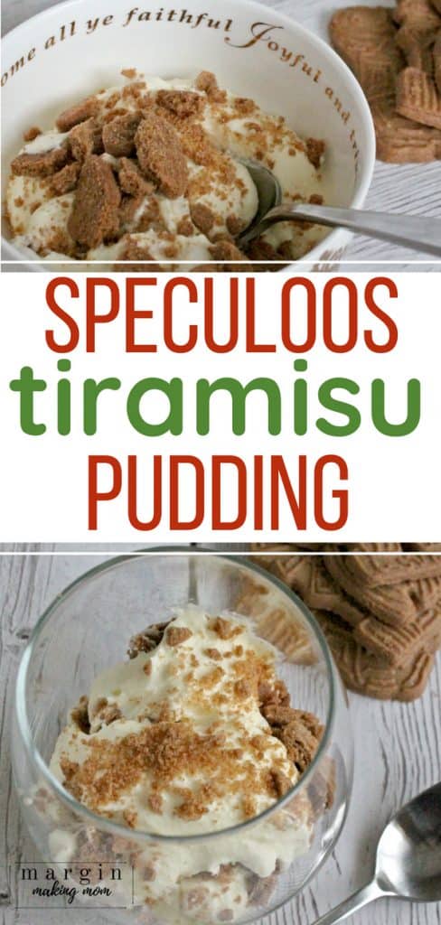 speculoos tiramisu pudding in a clear glass and white bowl