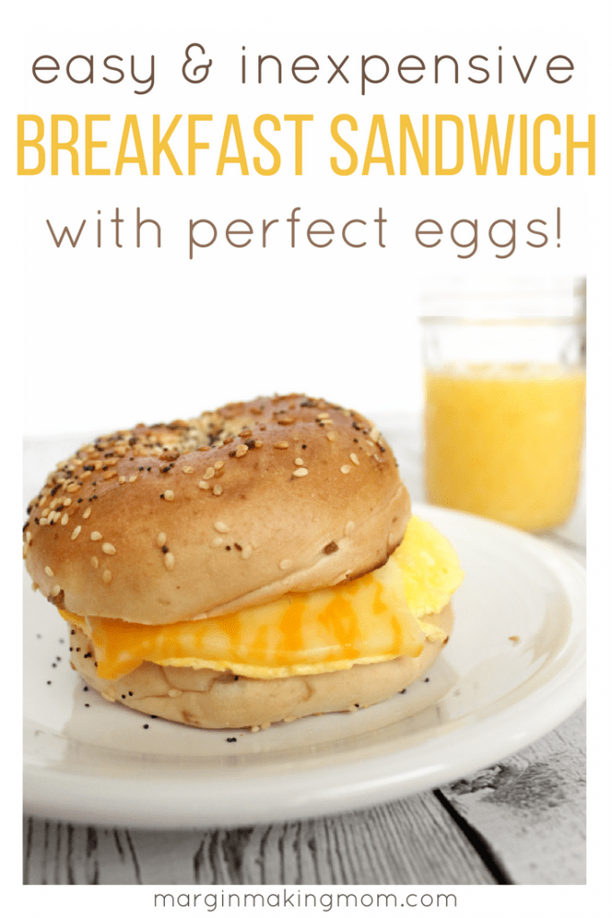 This easy and inexpensive breakfast sandwich is a quick way to enjoy breakfast without the drive-thru! You'll love my tip for creating perfect eggs for your sandwich, then top it however you want! Save money and cut calories at the same time with this tasty breakfast.