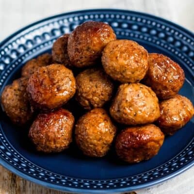 Instant Pot cocktail meatballs on a blue plate