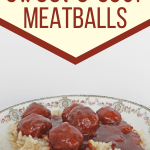 China bowl full of brown rice topped with Instant Pot sweet and sour meatballs