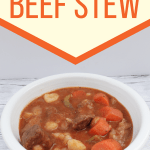 White bowl filled with beef stew