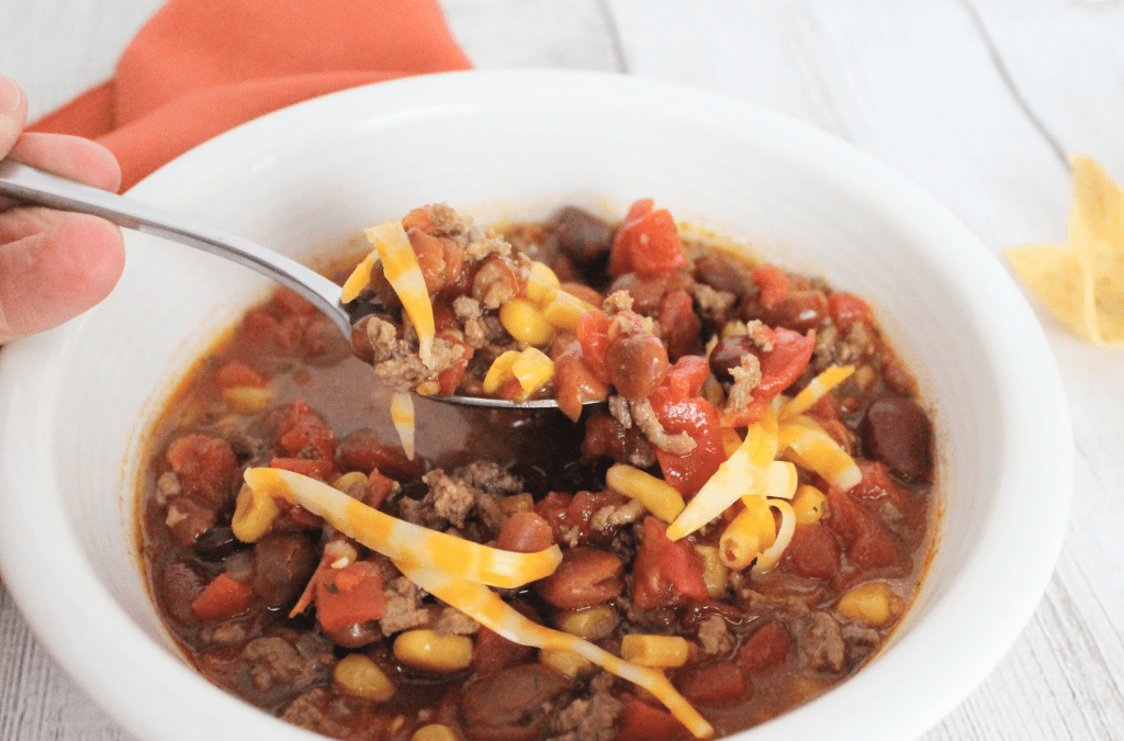 white bowl filled with taco soup that was made in the pressure cooker