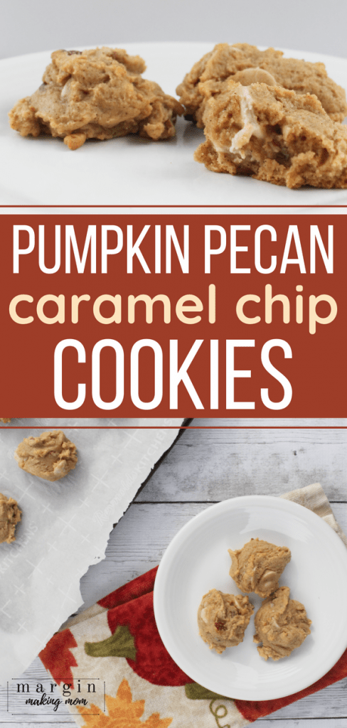 white plate with pumpkin pecan caramel chip cookies beside a parchment lined baking sheet of more cookies