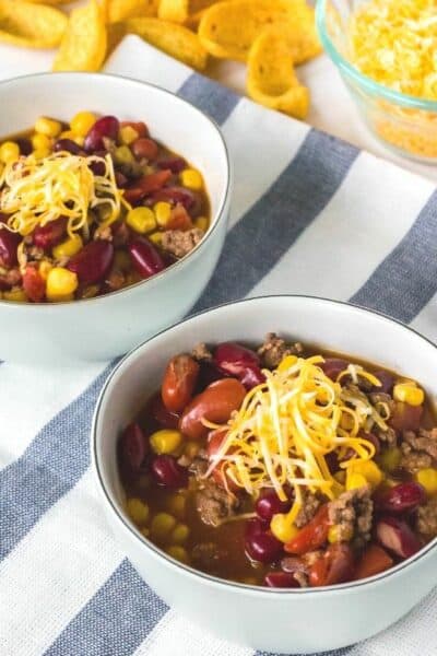two white bowls of Instant Pot taco soup