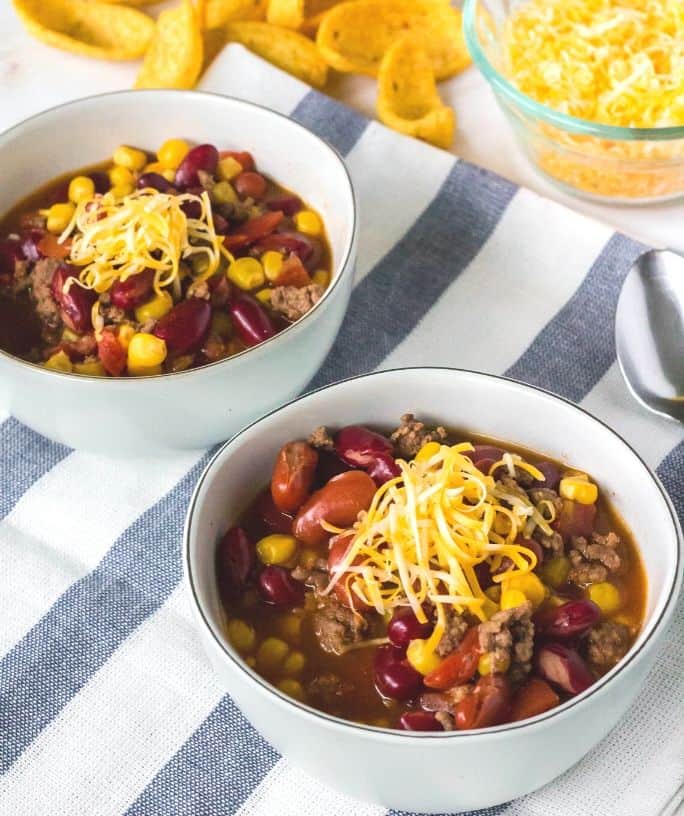 two white bowls of Instant Pot taco soup