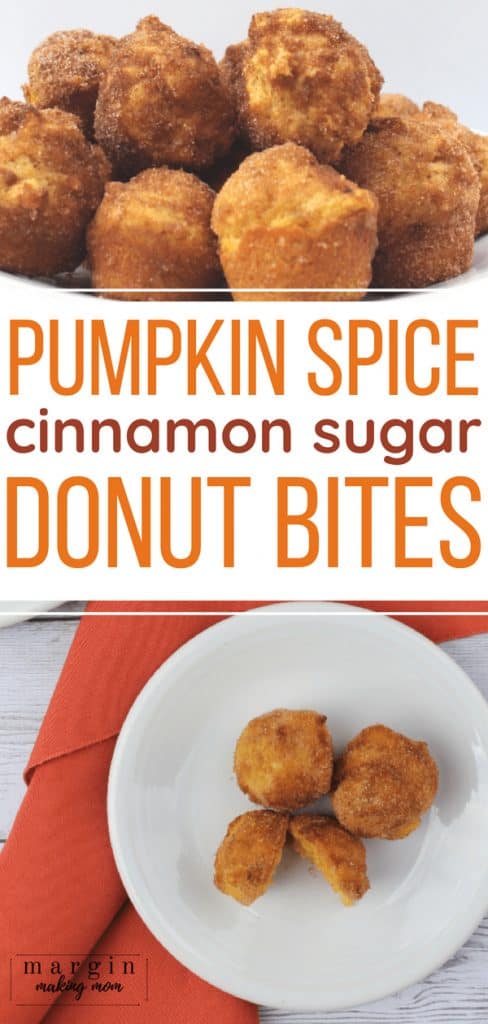 pumpkin spice donut bites on a white plate resting on an orange cloth napkin