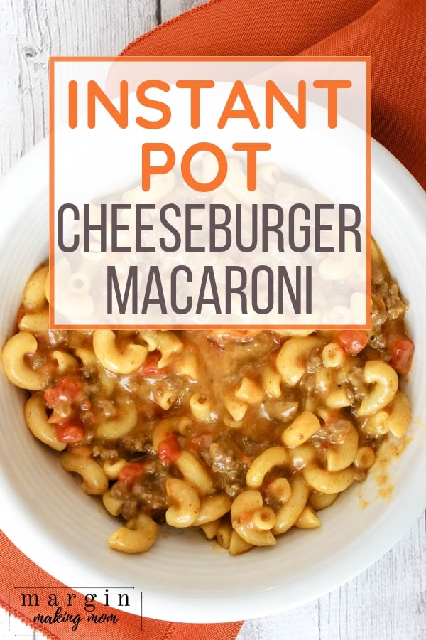 white bowl filled with instant pot cheeseburger macaroni