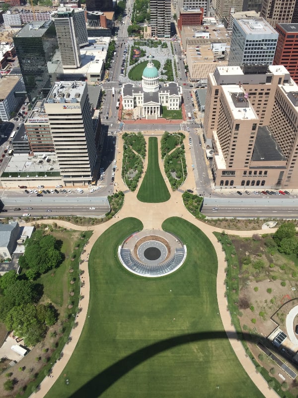 aerial view of st louis from observation area of gateway arch