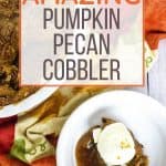 pumpkin cobbler topped with vanilla ice cream in a white dish