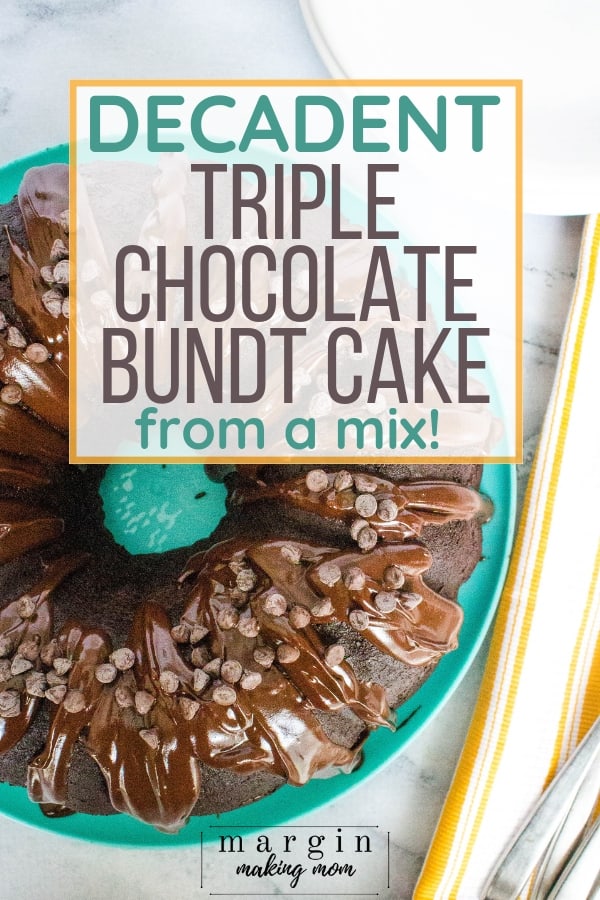 triple chocolate bundt cake on a teal plate