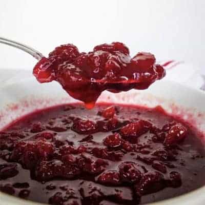 spoon scooping out cranberry sauce from a white bowl