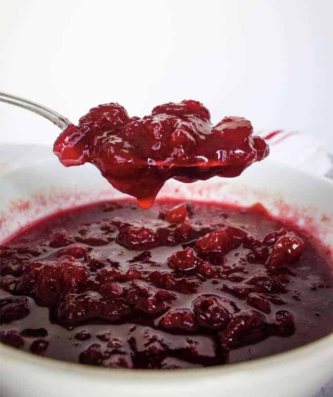 spoon scooping out cranberry sauce from a white bowl
