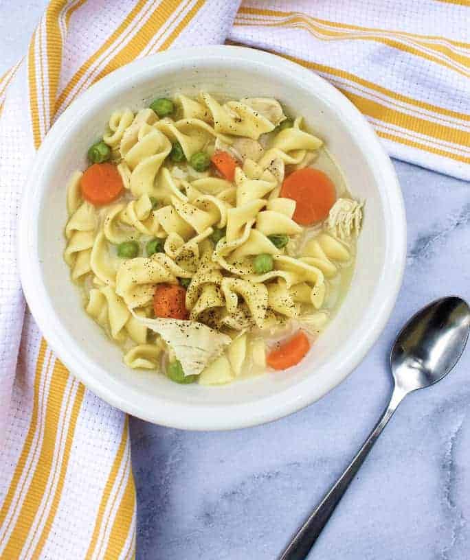 a bowl of chicken noodle soup in the Instant Pot