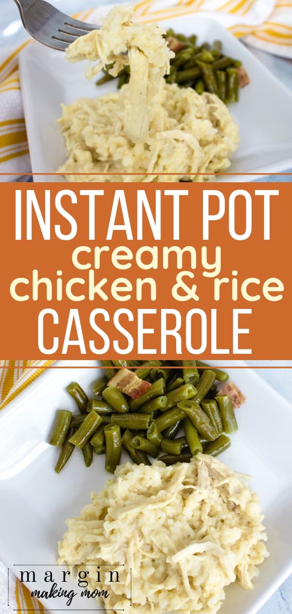 white plate with a serving of Instant Pot chicken and rice casserole along with a serving of green beans. The plate is resting on a yellow and white striped kitchen towel.