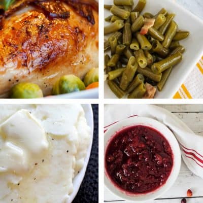 collage of turkey, green beans, mashed potatoes, and cranberry sauce