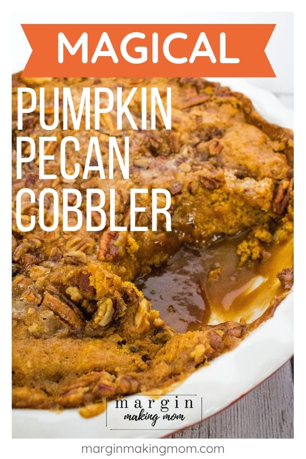 baking dish with pumpkin pecan cobbler