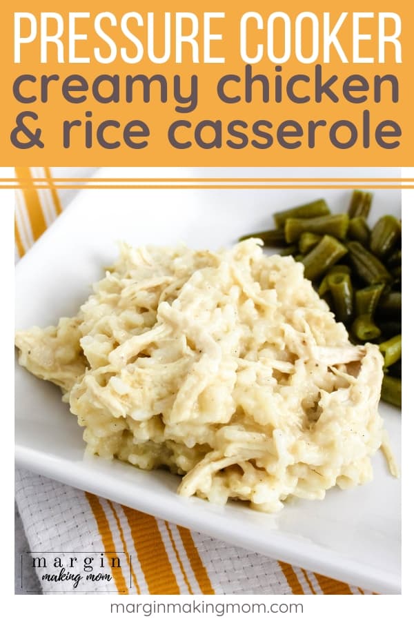 white plate with Instant Pot chicken and rice casserole on it, alongside green beans