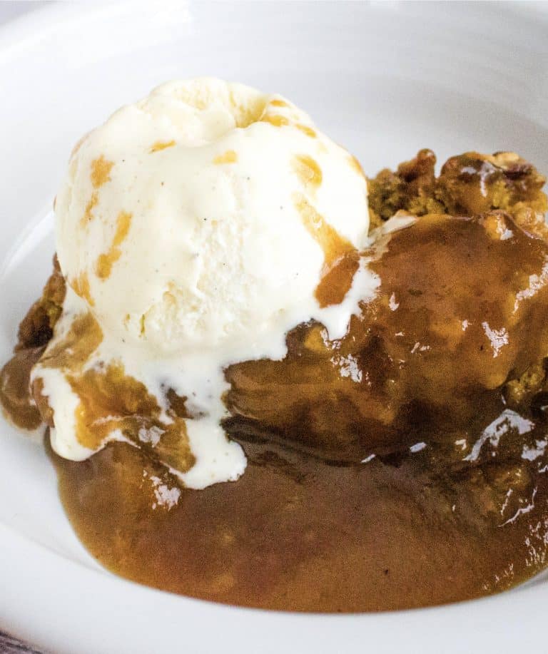 pumpkin cobbler topped with vanilla ice cream