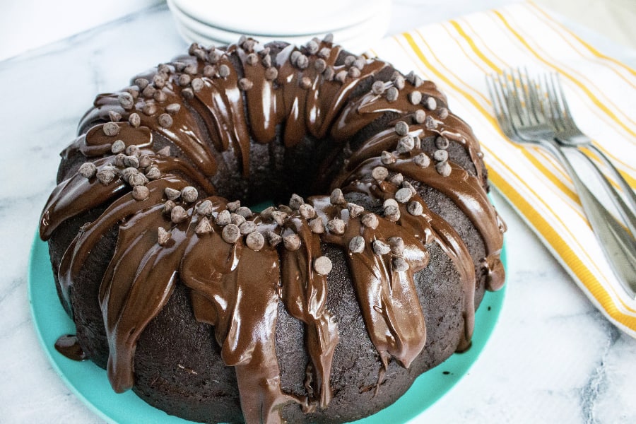 triple chocolate bundt cake (from a mix) on a teal plate