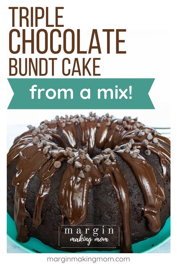 triple chocolate bundt cake topped with glaze and chocolate cips