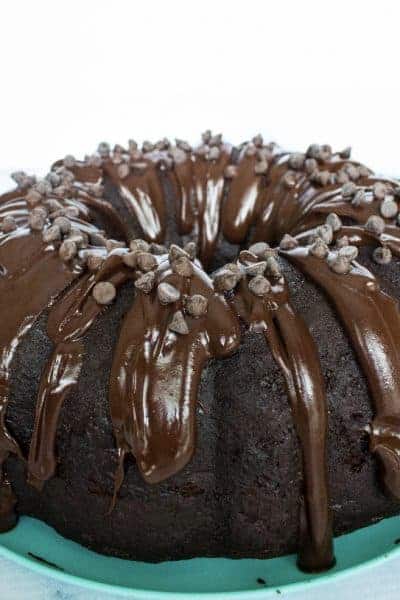 triple chocolate bundt cake on a teal plate