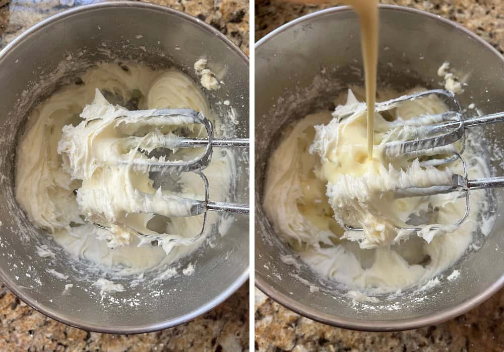 two photos; one shows butter and cream cheese beaten with powdered sugar. The other shows eggnog being poured into the mixture to create the eggnog icing.