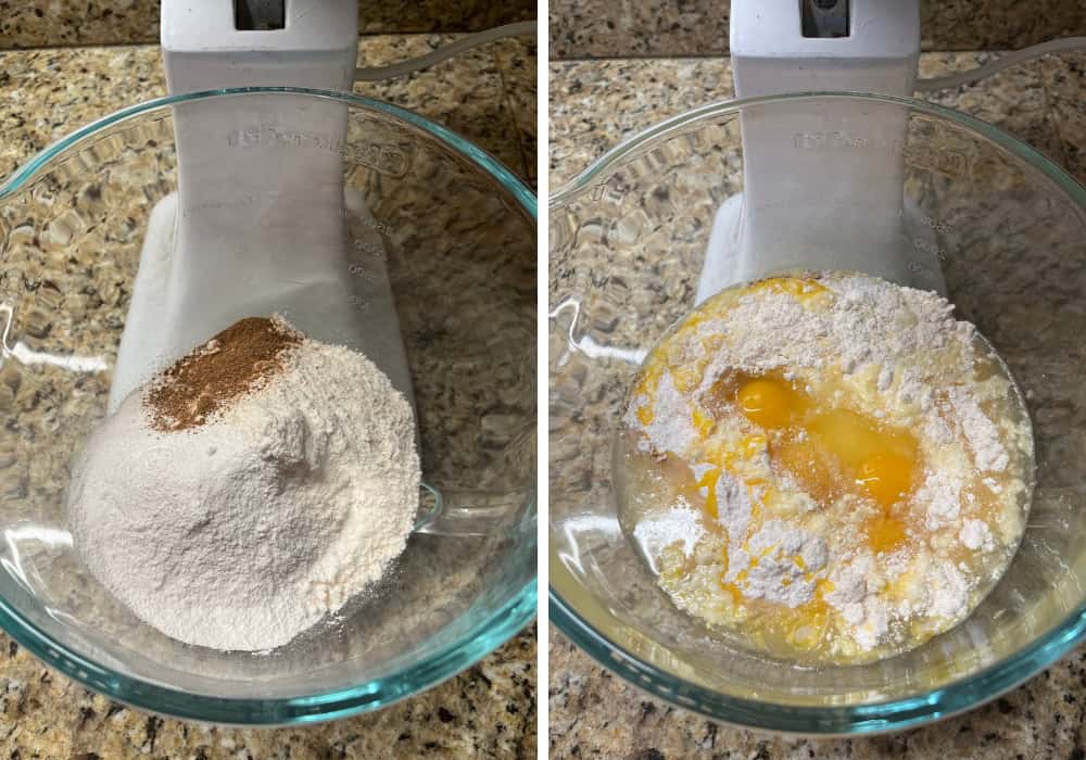 two photos; one shows cake mix, pudding mix, and nutmeg in the bowl of a stand mixer. The other shows eggs, oil, water, and eggnog added to the ingredients.