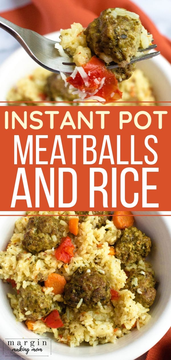 white bowl filled with meatballs and rice made in the Instant Pot pressure cooker