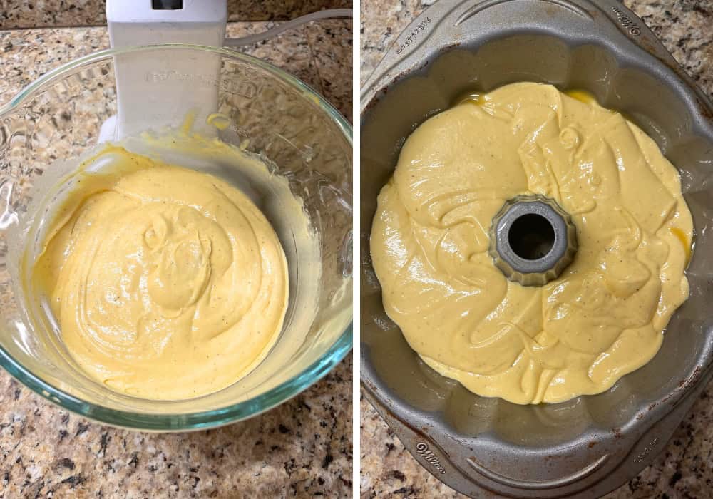two photos; one shows eggnog cake batter in the bowl of a stand mixer, the other shows the batter in a greased bundt pan, ready to be baked.