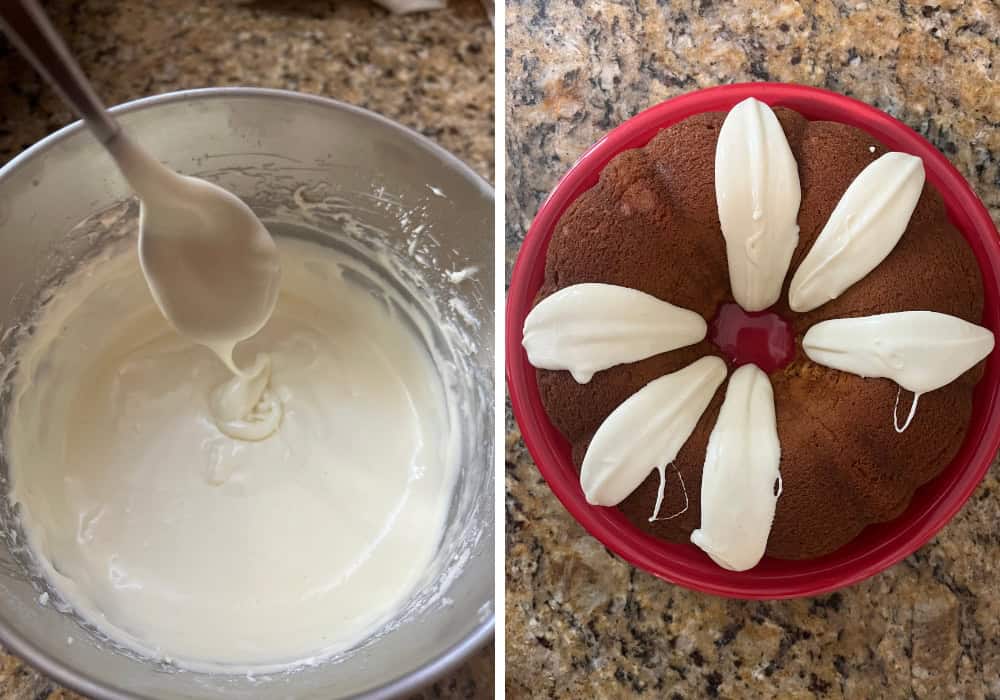 two photos; one shows a spoon scooping out a bit of eggnog icing; the other shows an eggnog bundt cake that's partially iced.