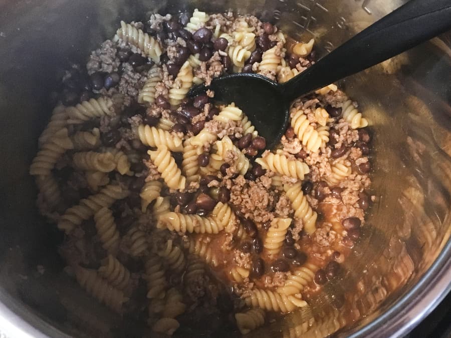 enchilada pasta after cooking in the instant pot