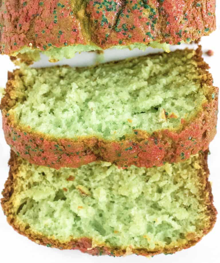 sliced pistachio bread with holiday sprinkles on top