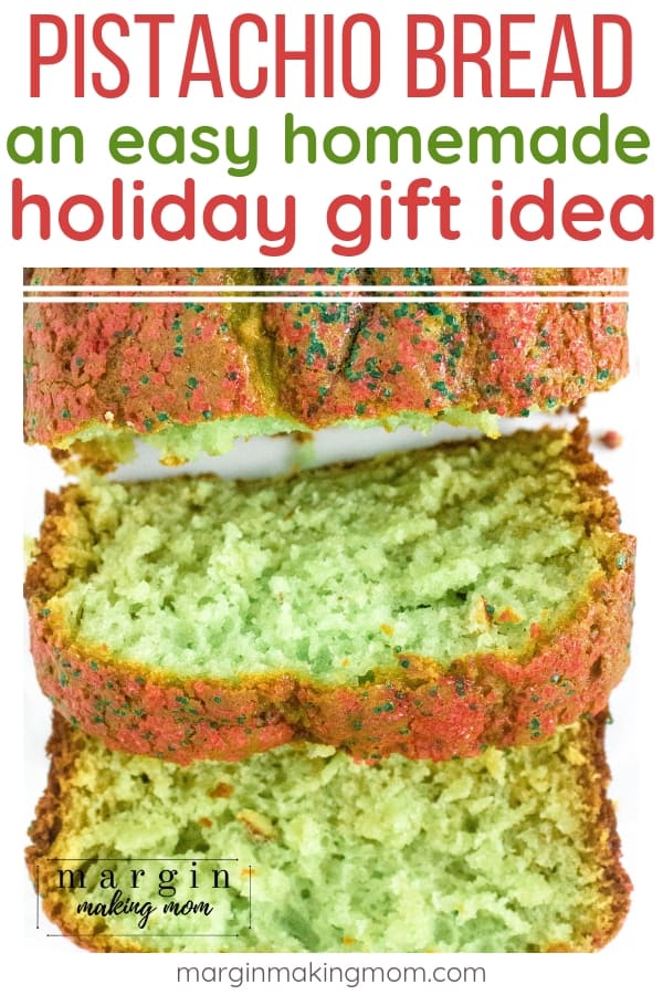 Sliced loaf of holiday pistachio bread