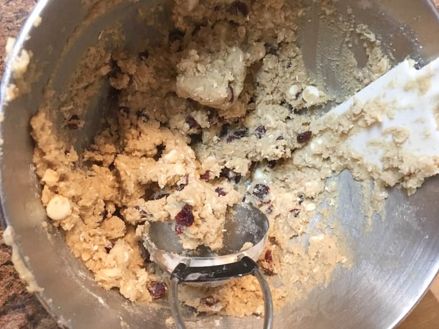 White Chocolate Oatmeal Cranberry Cookie Dough in a Mixing Bowl